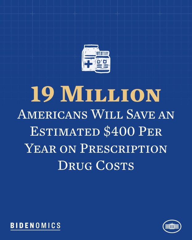 Ein blauer Hintergrund mit wei├čer Schrift und einem Logo, das "19 Millionen Amerikaner werden sch├Ątzungsweise 400 USD pro Jahr an Arzneikosten sparen" lautet.