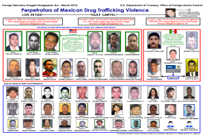 Ein Plakat mit hellblauem Hintergrund, das Fotos verschiedener Personen und den fetten Text "Täter mexikanischer Drogenhandel Gewalt" in schwarzer Schrift zeigt.