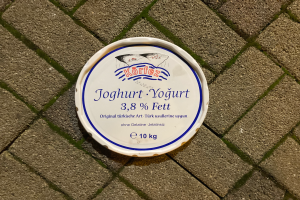 Ein Teller Joghurt mit Text darauf, der auf einem Backsteinweg steht.