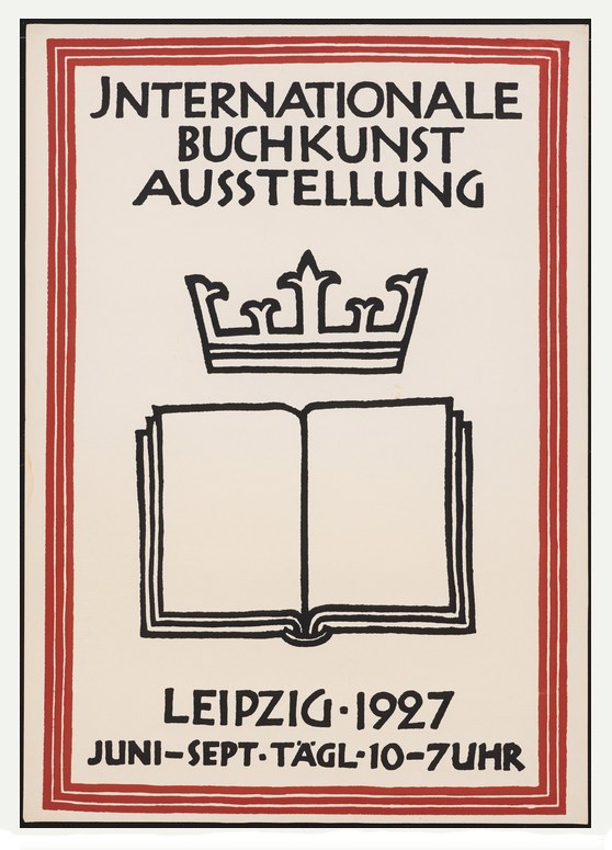 Plakat für die Internationale Buchkunstausstellung Leipzig 1927 mit offenem Buch und goldener Krone