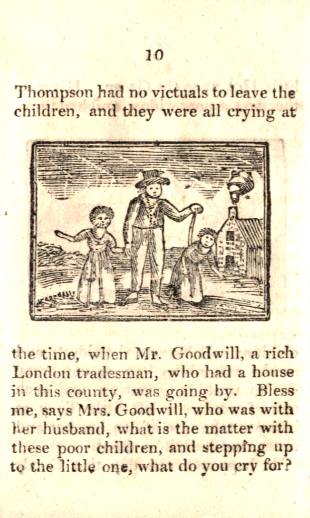 Ein Blatt mit einer Zeichnung eines verzweifelten Mannes, der zwei weinende Kinder hält, begleitet von dem Text "Thompson hatte keine Opfer, um die Kinder zu lassen, und sie weinten alle zu der Zeit."