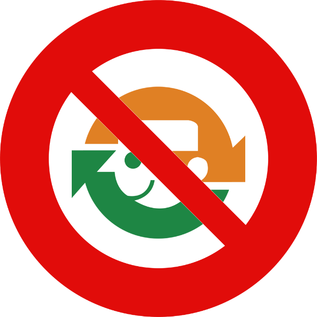 Ein rotes und weißes Schild mit einem nach rechts zeigenden Pfeil und der schwarzen Schrift "Keine Recycling" in fetter Schrift.