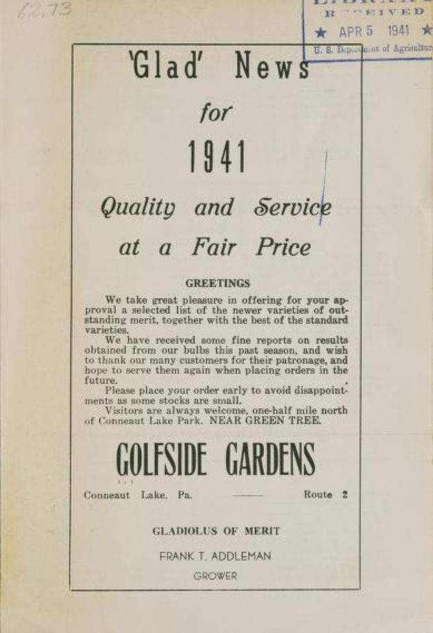 Schwarz-weißes Papier mit Text 'Glad News for 1941 Quality and Service at a Fair Price', datiert auf 1941.