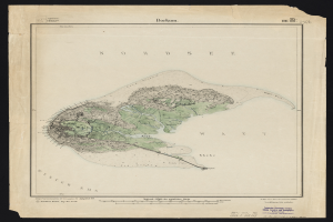 Ein detailliertes altes Kartenbild der Insel Nordsee auf einem schwarzen Hintergrund, das die Küste, Inseln und andere geografische Merkmale zeigt.