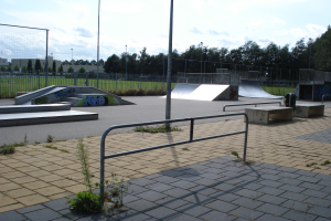 Ein Skaterpark mit Rampen, Geländern und verschiedenen Hindernissen, umgeben von Pflanzen, Gras, Pfählen, Bäumen und Gebäuden unter einem bewölkten Himmel.