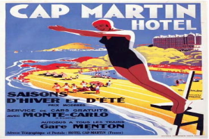 Eine Frau in Badekleidung umgeben von Menschen, Wasser, Hügeln und einem Gebäude, mit Text, der das Cap Martin Hotel in Monte Carlo, Frankreich, bewirbt.