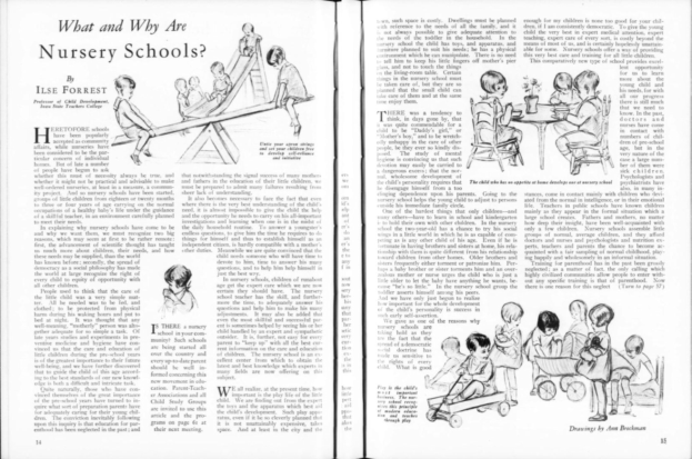 Offenes Buch mit einer Zeichnung von Kindern, die in einer Kita spielen, mit Text, Bildern und einer Tabelle mit Gegenst├Ąnden.