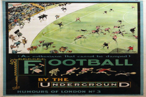Ein Vintage-Plakat, das ein Fuballspiel mit dem Titel "Football by the Underground - Humours of London No. 3" ank├╝ndigt, zeigt eine Menge von Zuschauern in einem Stadion.