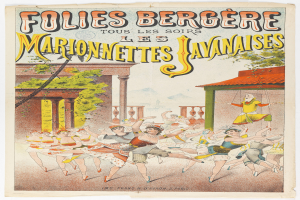 Ein Plakat, das eine Tanzshow in Paris ankündigt, mit einer Gruppe von Menschen, die im Vordergrund tanzen, einem Gebäude, Bäumen und einem Himmel im Hintergrund und Text darauf.