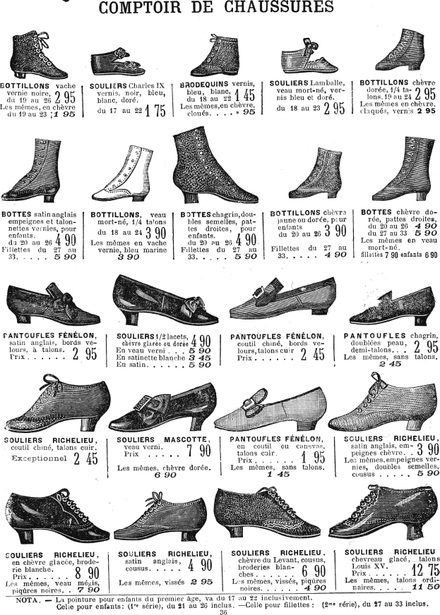Eine Buchseite mit verschiedenen Damenschuhen mit einzigartigen Designs, Preisschildern und Details zu Größe, Form und Farbe, die ordentlich angeordnet sind.