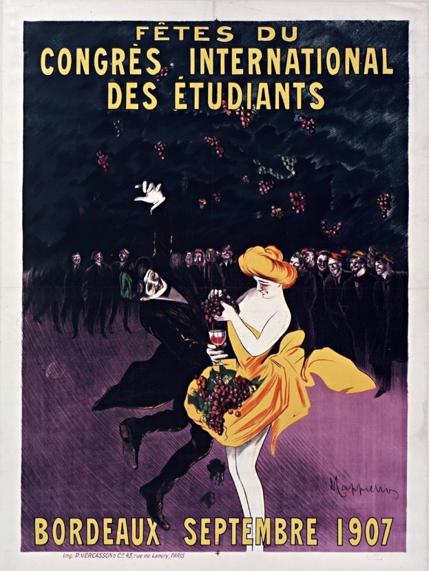 Plakat aus dem Jahr 1907, das ein Weinprobevent in Bordeaux, Frankreich, ankündigt, das eine Frau in einem gelben Kleid zeigt, die ein Weinglas hält und von einer Menge umgeben ist, mit Text auf dem Plakat.