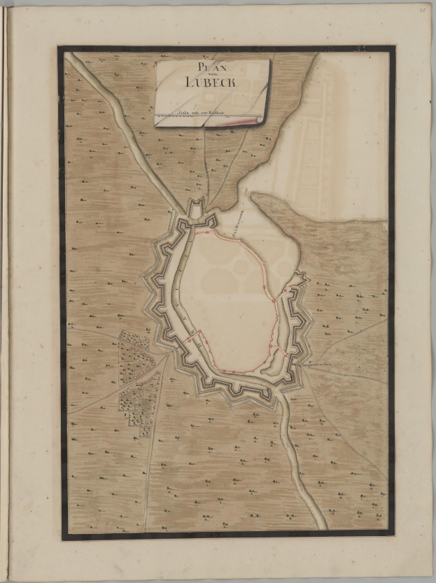 Ein altes Buch mit einer detaillierten Karte von Lübeck, die Straßen, Gebäude und Sehenswürdigkeiten zeigt, sowie begleitenden Text über die Bevölkerung, Geschichte und Kultur der Stadt.