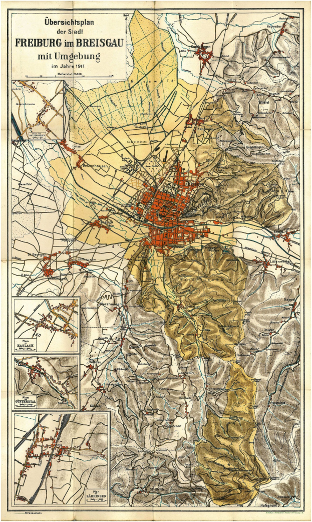 Detailiertes altes Stadtplan von Freiburg, Deutschland, mit Straßen, Gebäuden und Sehenswürdigkeiten, begleitet von Text oben und unten.