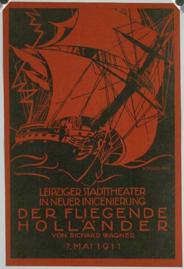 Ein Vintage-Konzertplakat für das Leipzig Stadt Theater in New Orleans, Louisiana, datiert auf 1911, mit einer Illustration eines Schiffs und Veranstaltungseinzelheiten.