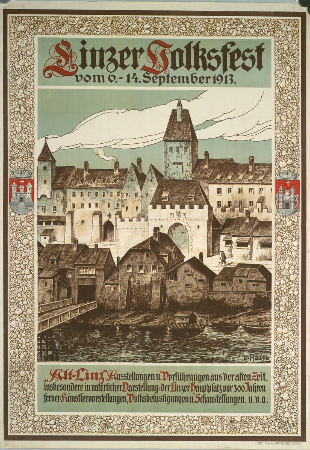 Alter deutscher Festivalplakat mit einer Burgenillustration umgeben von Häusern und Text.