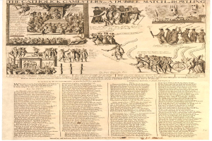 Ein Blatt mit Illustrationen von katholischen Spielern in verschiedenen Bowling-Positionen und Text, der die Regeln und Vorschriften eines Doppel-Match-Bowling-Spiels beschreibt.