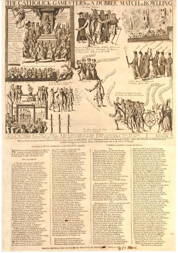 Ein Blatt mit Illustrationen von katholischen Spielern in verschiedenen Bowling-Positionen und Text, der die Regeln und Vorschriften eines Doppel-Match-Bowling-Spiels beschreibt.