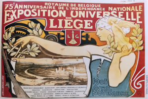Ein Plakat, das das 75-jährige Jubiläum der Nationalen Ausstellung Universitaire de Liege ankündigt, zeigt eine Frau mit einem Blumenstrauß und Text, der das Ereignis beschreibt.