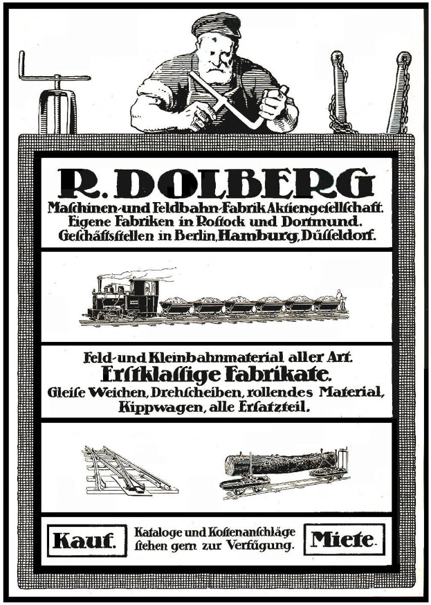 Werbung für die Fabrik von R.D. Dolberg in Hamburg, Deutschland, zeigt Text, eine Person, einen Zug und andere Gegenstände.