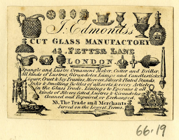 Anzeige für eine Glasfabrik in London, mit Text und Bildern von Glaswaren und Manufacturing-Tools.