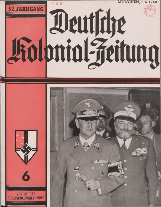 Ein Buchumschlag mit Adolf Hitler umgeben von Menschen in Mützen, betitelt mit "Deutsches Kolonial-Feitung" und datiert auf 11/1940.