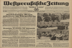 Alte deutsche Zeitungsvorderseite vom 13. November 1939 mit der Schlagzeile "Weitpreubliche Zeitung" und einem Gruppenfoto von Menschen in traditioneller deutscher Tracht.