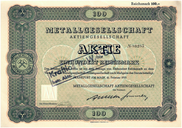 Deutsche 100-Pfennig-Banknote mit Abbildung eines Mannes auf schwarzem Hintergrund.