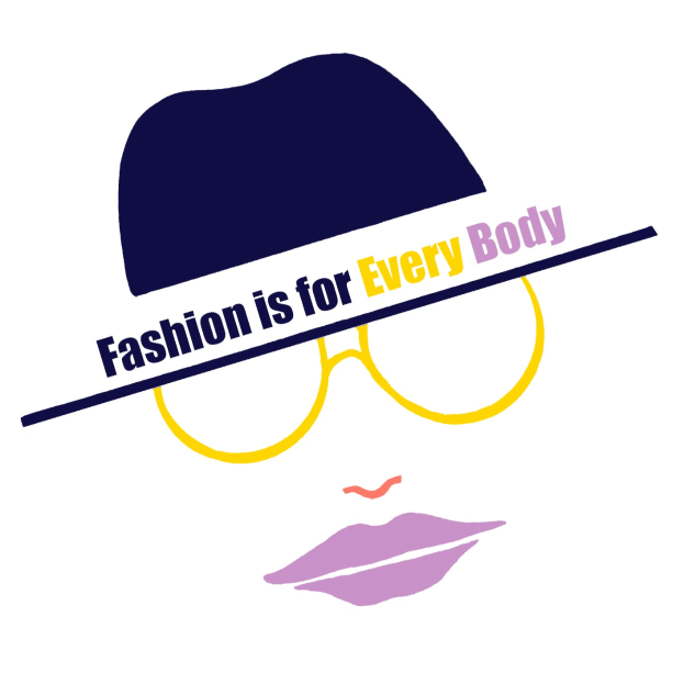 Logo mit einem stilisierten Gesicht und dem Text "Fashion is for Every Body" darunter, das Inklusivität in der Mode fördert.