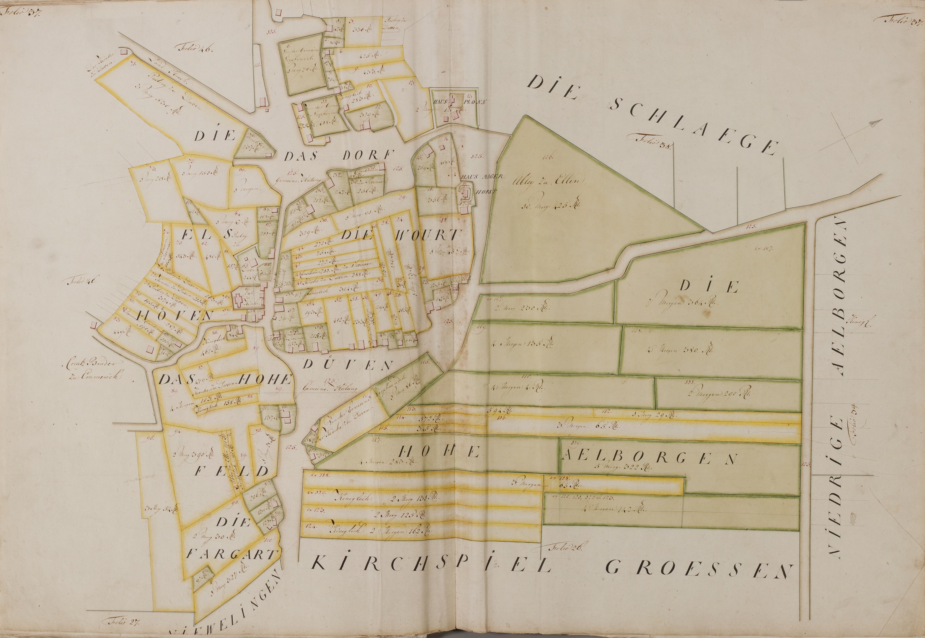 Ein altes Buch mit einer detaillierten Karte von Hamburg, Deutschland, mit sichtbaren Straßen, Gebäuden und Sehenswürdigkeiten, sowie Texten mit zusätzlichen Informationen zur Stadt.