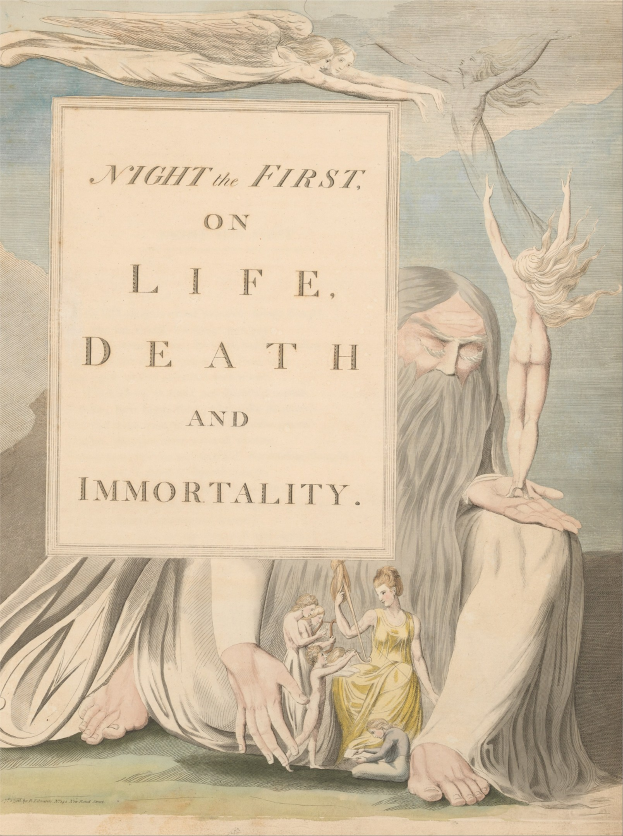 Ein Plakat mit einer leuchtenden Darstellung von Menschen, die in einem Kreis unter einem hellen Licht stehen, mit der Aufschrift "Night the First on Life, Death and Immortality."