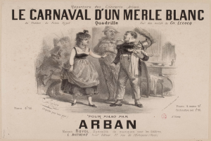 Ein Blatt Papier mit einer Zeichnung eines Mannes und einer Frau in traditioneller Kleidung vor einem Karneval, mit der Aufschrift "le carnaval d'un merle blanc".