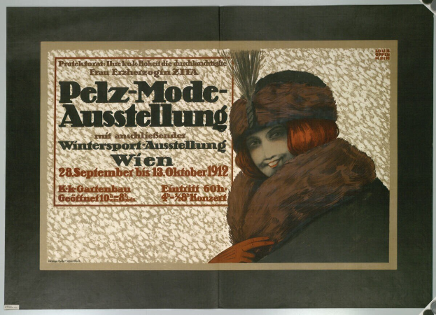 Ein Plakat, das ein Wintersport-Event in Wien, Österreich, bewirbt, mit einem strahlenden Mann in einer Pelzjacke und einem Hut, sowie Textinformationen zum Event.