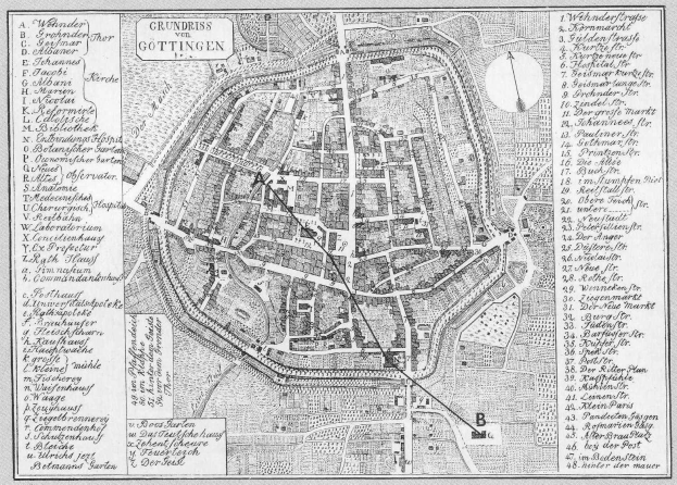 Eine Schwarz-Weiß-Karte von Göttingen, Deutschland, mit Straßen, Gebäuden, Sehenswürdigkeiten und Textanmerkungen.
