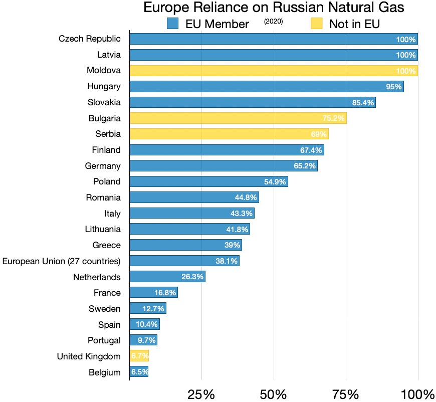 Eine Balkendiagramm, das den prozentualen Anteil von Russlands natürlichem Gas in Europa zeigt, mit Text, der die Investitionsprozentsätze angibt.
