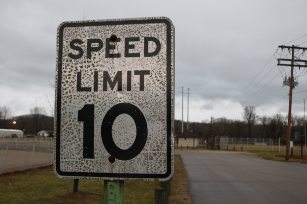 Geschwindigkeitsbegrenzungsschild am Straßenrand mit Gras, Strommasten, einem Zaun, Häusern, Bäumen und einem bewölkten Himmel im Hintergrund.