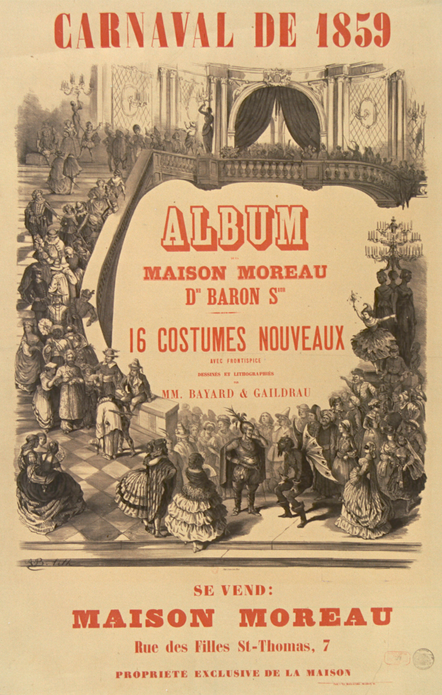 Ein Vintage-Plakat für den Karneval von 1859, das eine Gruppe von Menschen in bunten Kostümen zeigt.