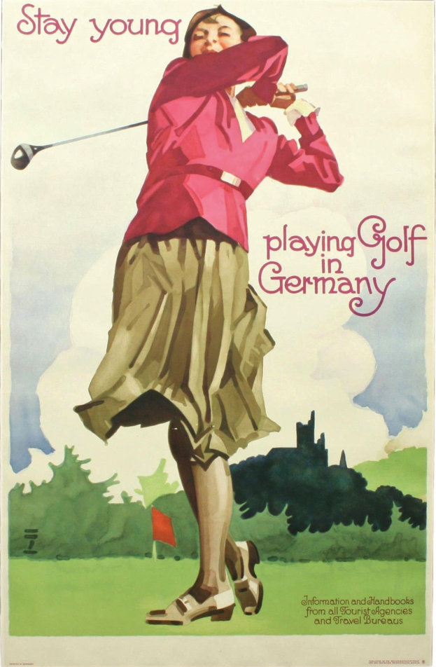Ein Plakat, das eine Frau mit einem Golfschläger auf einem Golfplatz in Deutschland zeigt, mit einer Fahne und Bäumen im Hintergrund und Text über den Golfplatz.