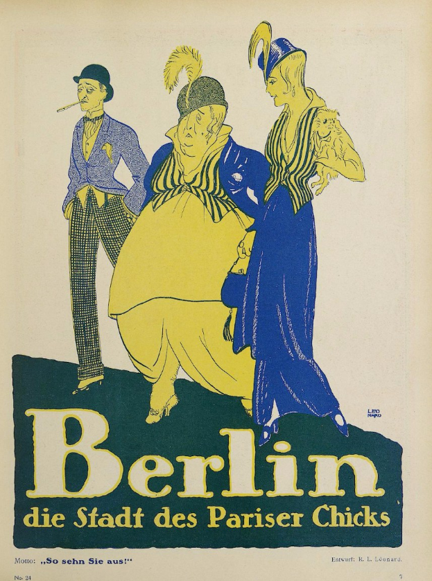 Plakatankündigung für ein Konzert in Berlin, Deutschland, mit einer Gruppe farbig gekleideter Menschen vor einem Gebäude und dem Text "Berlin - Die Stadt des Pariser Chicks" oben.