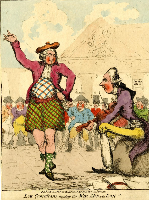 Cartoon of a man in a kilt and a woman in a dress performing for a crowd in front of a building under a cloudy sky, with the caption 'Low Comedians Amusing the Wise Men of the East' at the bottom.