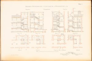 Alter Buchumschlag mit detaillierter Architekturzeichnung der Kaiser-Friedrichs-Gymnasium in Frankfurt, Deutschland, mit sichtbarem Text und Raumlayouts.