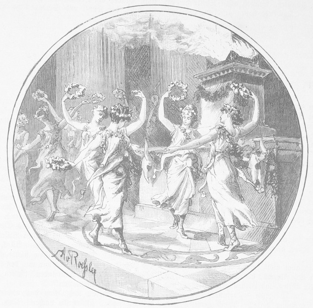 Schwarze und weiße Zeichnung von Frauen in bunten Kleidern, die mit erhobenen Armen tanzen, vor einem hohen Gebäude mit einem großen Torbogen.