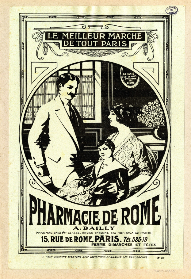 Schwarz-weisse Werbung für eine Apotheke in Rom, die einen Mann und eine Frau nebeneinander zeigt, mit Text, der die Apotheke und ihre Dienstleistungen beschreibt.