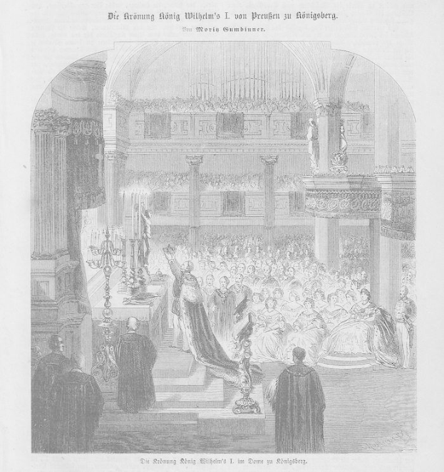 Schwarze und weiße Zeichnung einer großen Menschenmenge in einer Kirche, mit einigen stehenden und sitzenden Figuren im Hintergrund, einem Kerzenständer links und Text oben und unten, die die Krönung von Wilhelm II. Deutschlands darstellen.