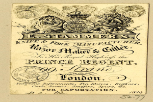 Papierdokument mit Text und einem Logo, auf dem "E. Stammers, Messer- und Gabelhersteller, Rasiererhersteller und -schneider, Prince Regent, London" steht.