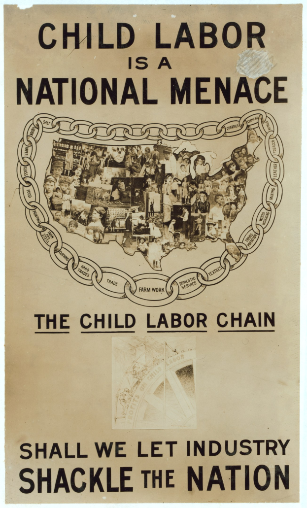 Plakat mit der Aufschrift "Kinderaert ist eine nationale Geisel - Sollen wir die Industrie das Land fesseln lassen" in fetter schwarzer Schrift auf weißem Hintergrund, das eine vielfältige Gruppe von Menschen zeigt, die gemeinsam stehen.