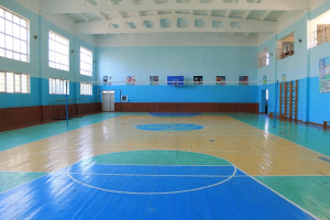Eine große Turnhalle mit einem blauen und weißen Boden, die einen Basketballplatz, ein Netz, Stangen, eine Tür, Fenster, Wandplakate, ein Geländer und ein Dach zeigt.
