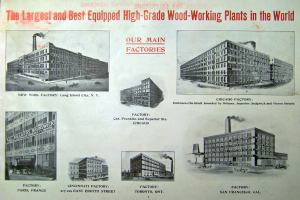 Ein Papier mit Bildern von Gebäuden und Texten, die die weltweit größten und bestausgestatteten Hochleistungs-Holzbearbeitungsanlagen beschreiben.