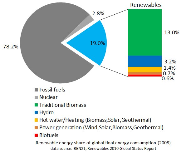 Tortendiagramm, das den globalen erneuerbaren Energieverbrauch im Jahr 2008 zeigt, unterteilt in Abschnitte für fossile Brennstoffe, Kernenergie, Wasserkraft, Heizung mit Warmwasser, Biomasse, Solarenergie, Geothermie und Biokraftstoffe.