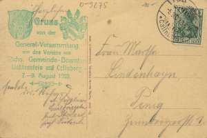 Ein alter Briefumschlag mit einem deutschen Stempel aus dem Jahr 1909, auf dem "Österreich - Deutschland - Cover nach Deutschland - 7. August 1909" steht.