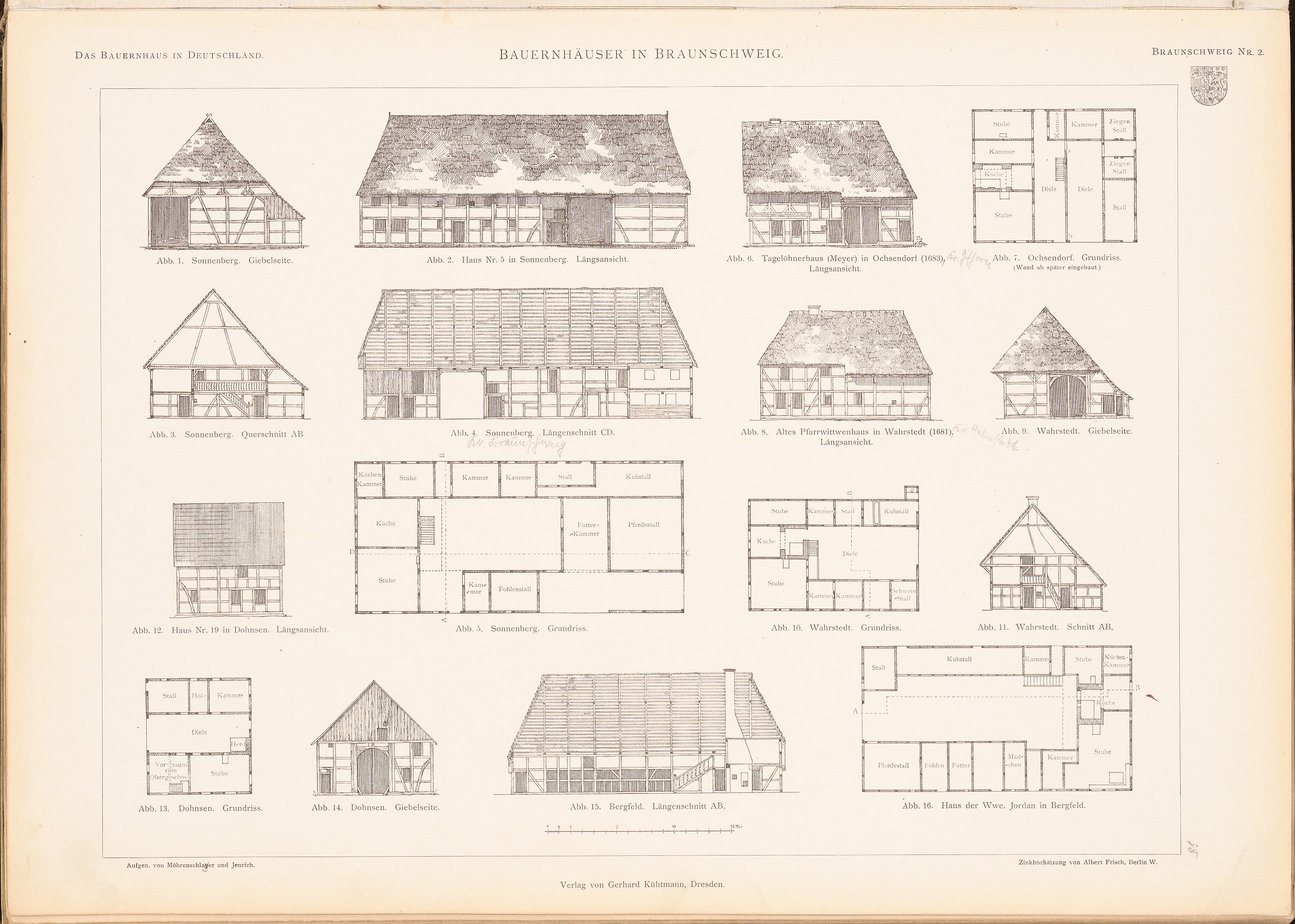 Ein aufgeschlagenes altes Buch mit detaillierten Architekturplänen und Zeichnungen verschiedener Hausentwürfe auf einer Seite, begleitet von beschreibendem Text.